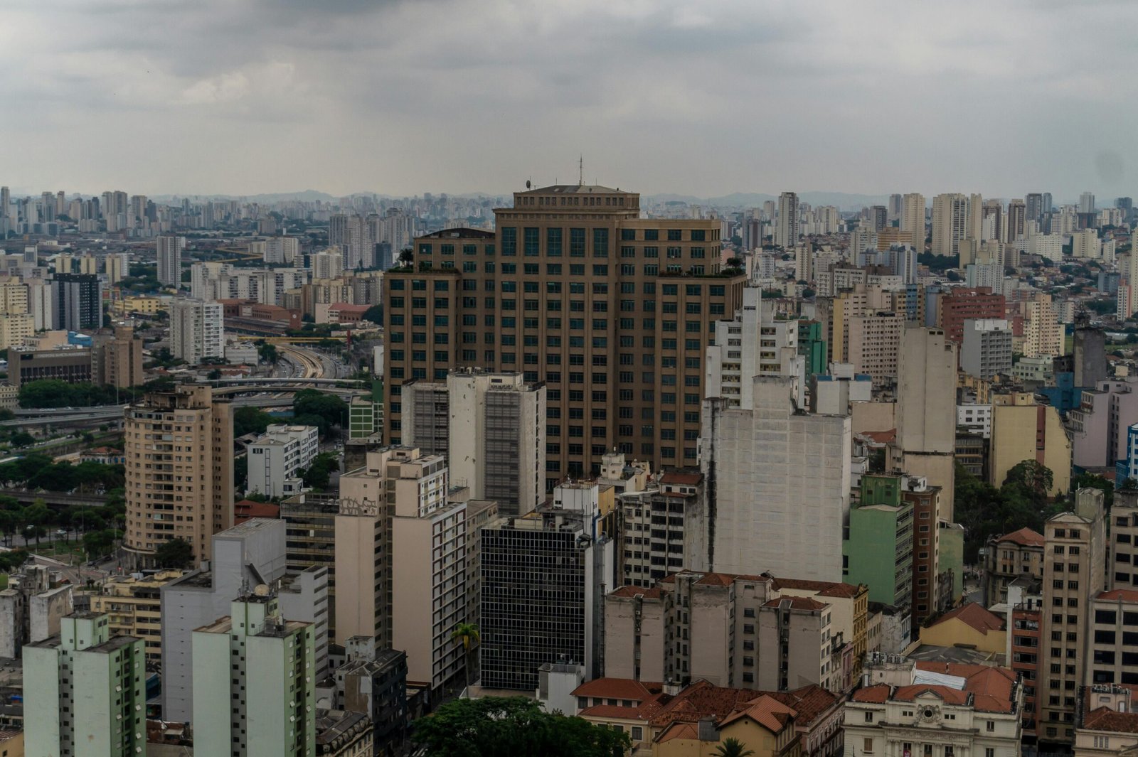 View of São Paulo's skyline featuring modern and historic architecture under cloudy skies.